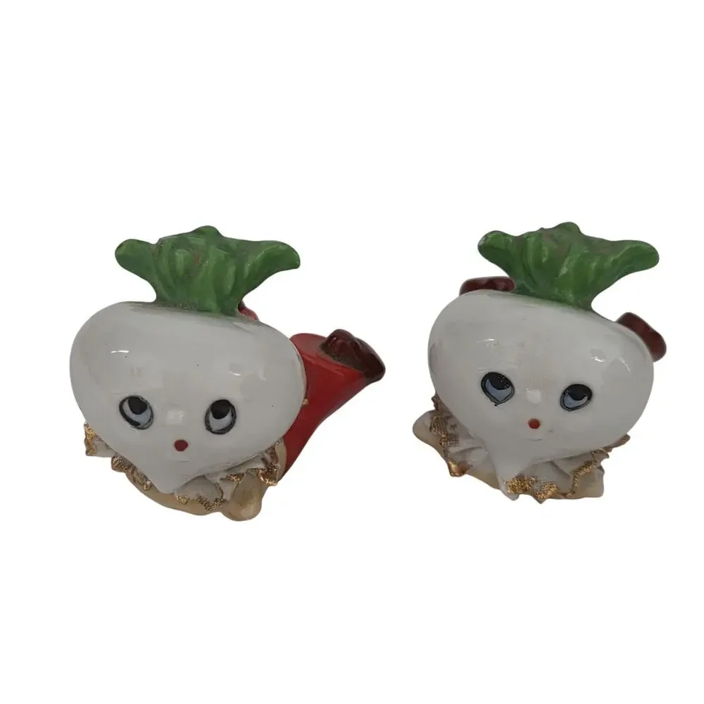 Vintage Japan Anthropomorphic Radish Turnip Salt Pepper Shakers MCM Kitsch